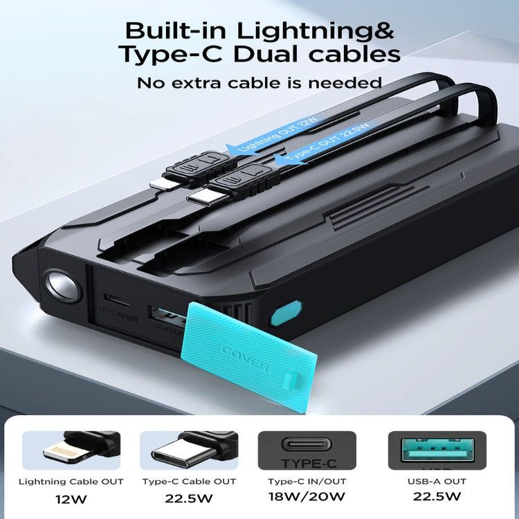 L017 22.5W Power Bank With Built in 2 in 1 Cables with SOS Light 10000mAh - Black