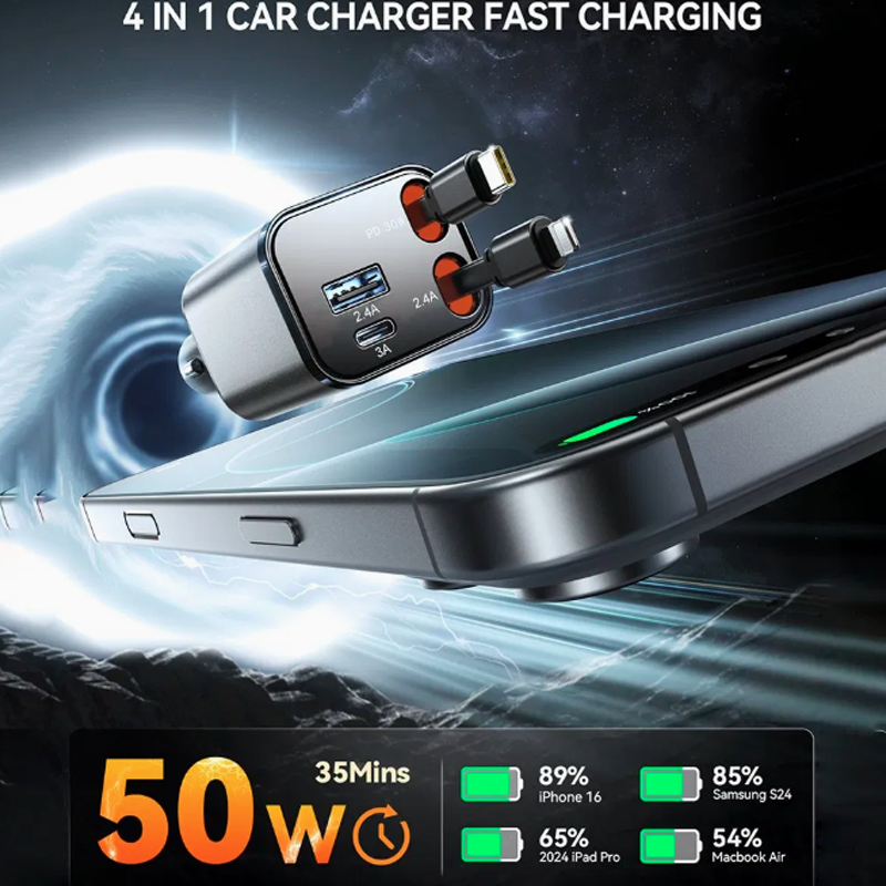 CCL05 50W 4-in-1 Retractable Car Charger-Dark Grey