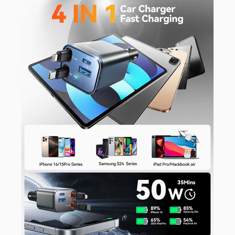 CCL05 50W 4-in-1 Retractable Car Charger-Dark Grey